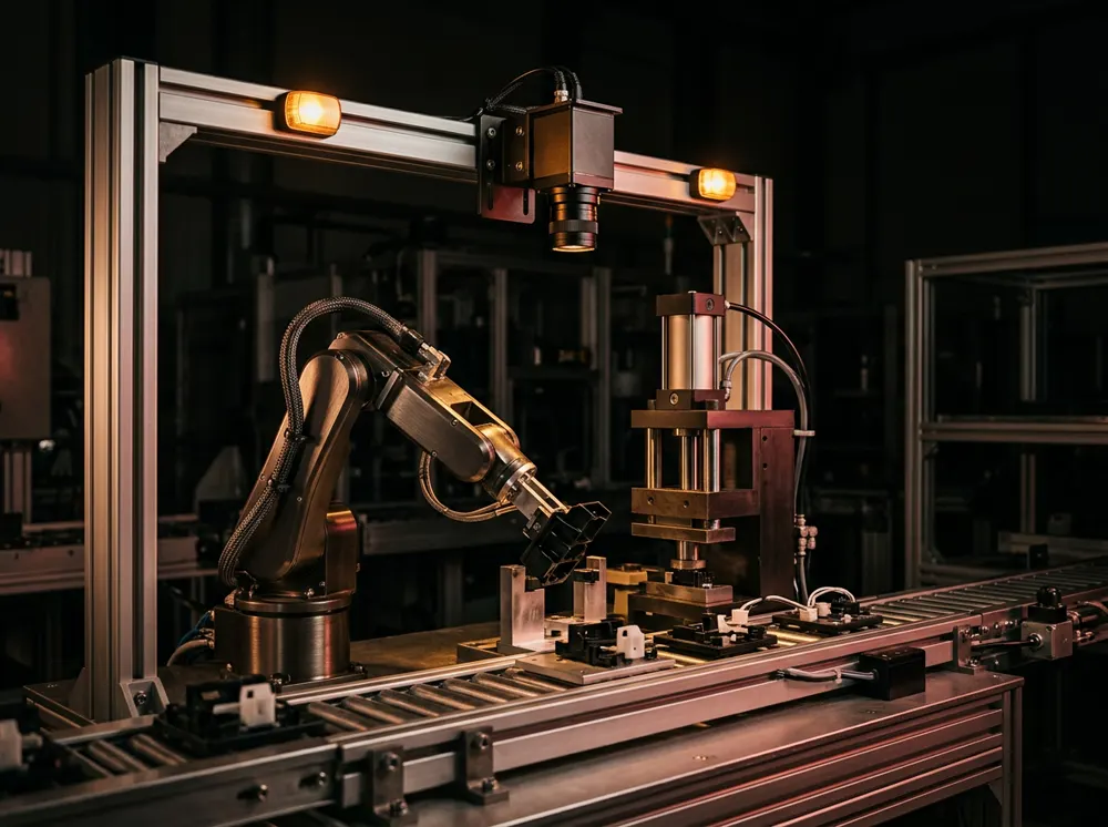 Robot arm and servo press assembling a part on a conveyor under a vision camera