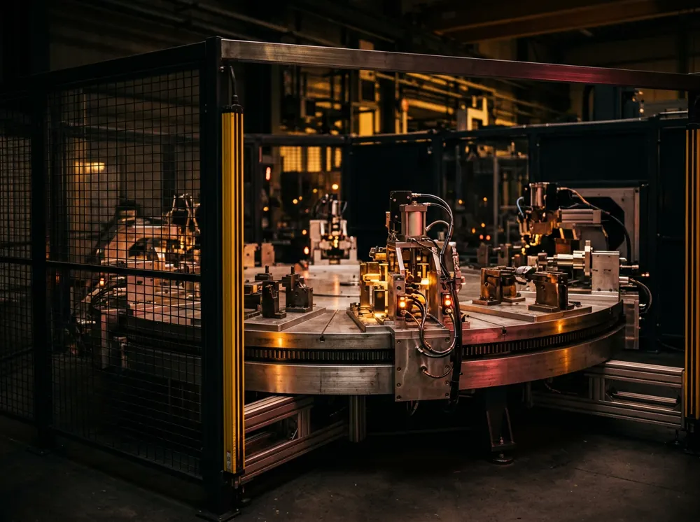 Rotary indexing machine with multiple stations inside a safety enclosure