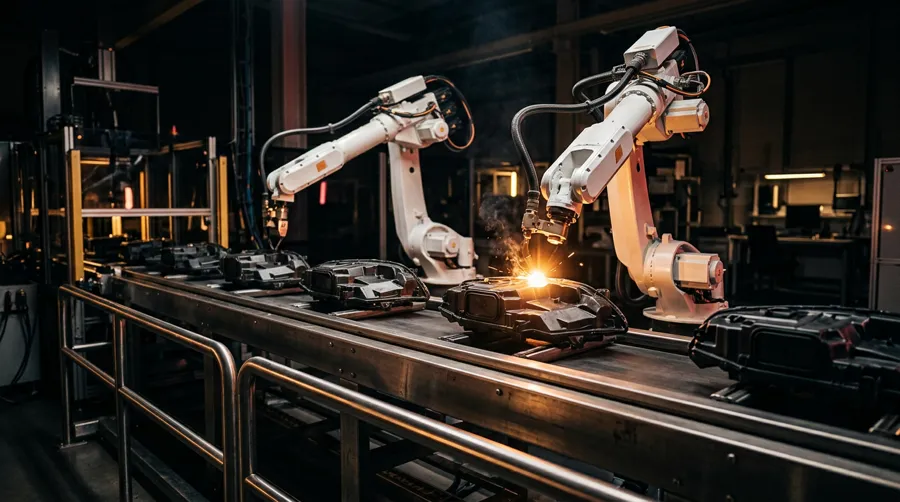 Robot arms welding plastic parts on an automated line