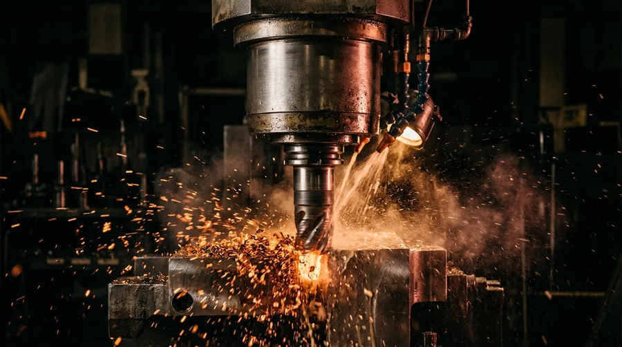 CNC machining centre cutting a metal part with coolant and sparks
