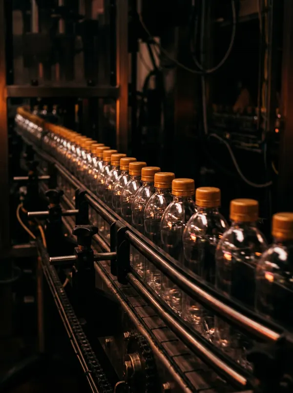Bottles moving along a packaging conveyor