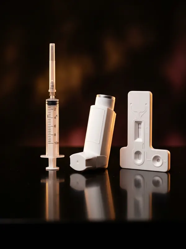 White plastic syringe, inhaler and diagnostic cartridge