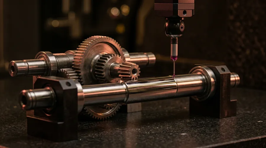 Precision-machined gears and shafts on an inspection table