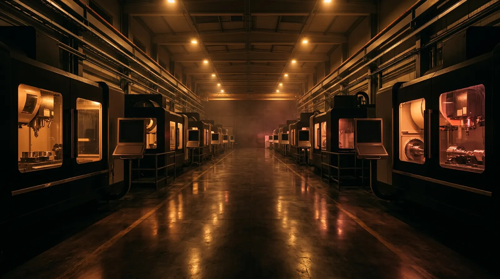 Rows of CNC machining centres on a production floor