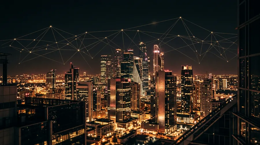 City skyline at night with a golden global network overlay